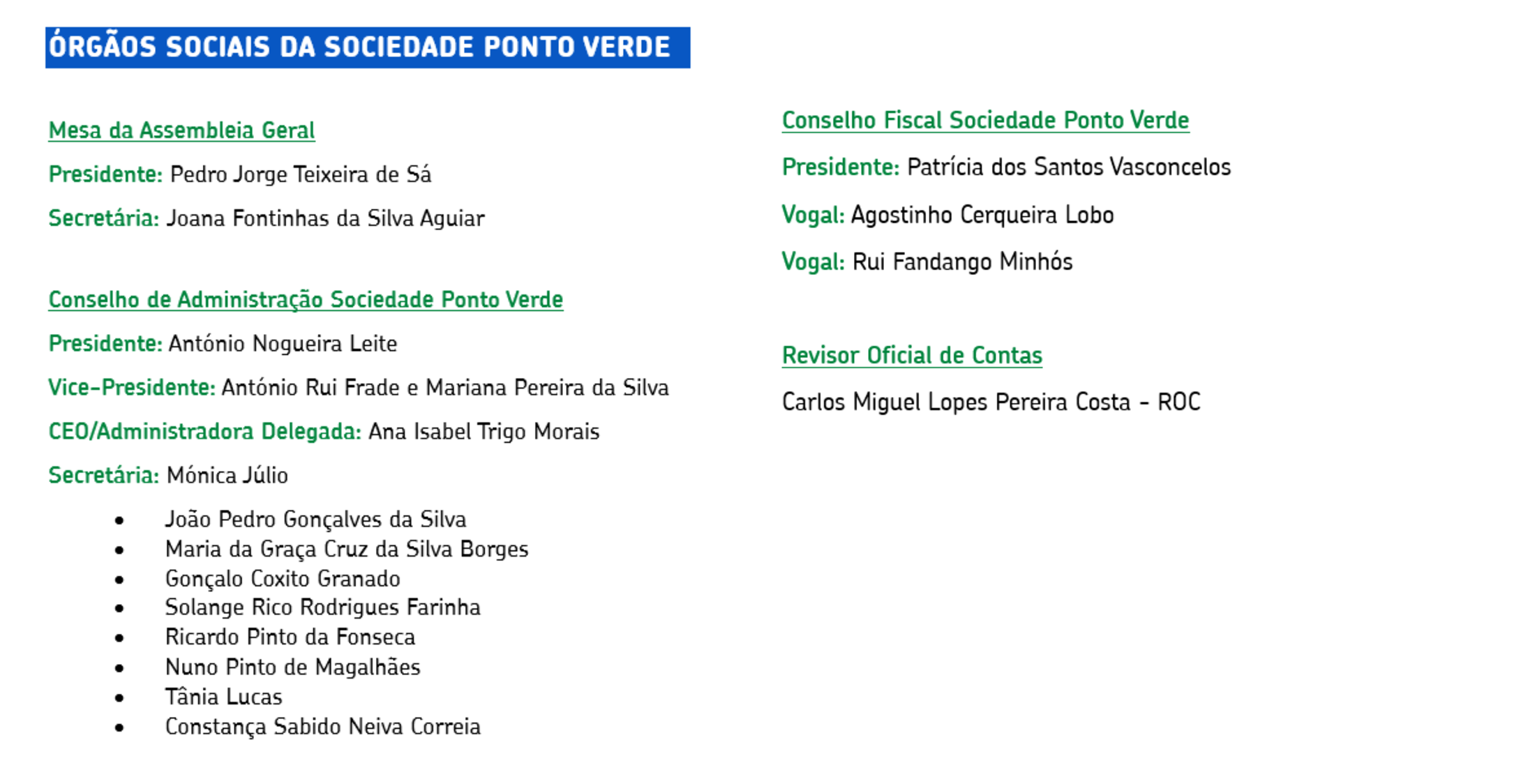 orgãos sociais da sociedade ponto verde 